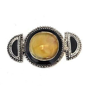 PISCES Vintage Yellow & Black Cabachon Silver Tone Brooch 2.5"